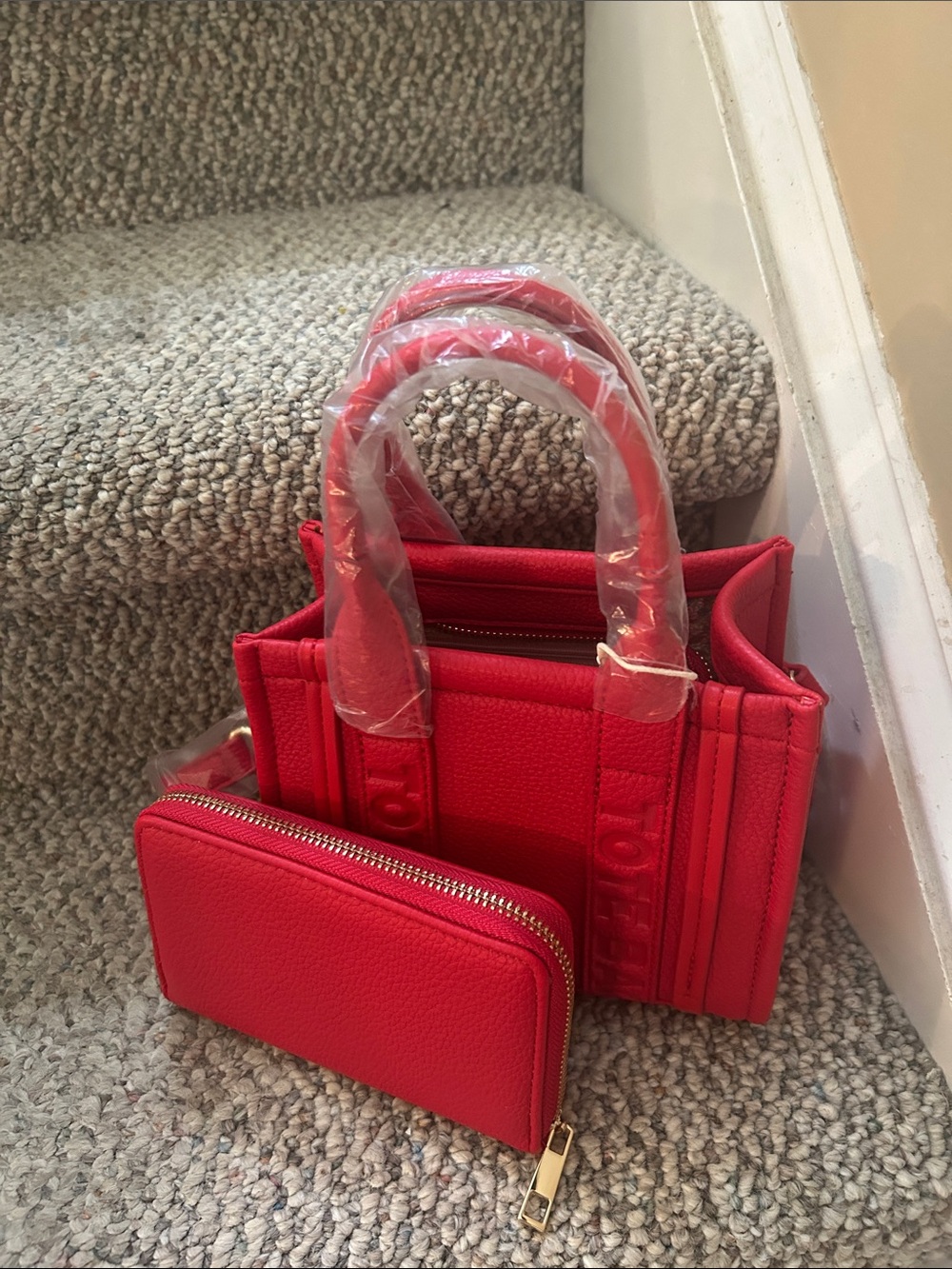 Red Structured Top-Handle Women’s Handbag with Zip Wallet